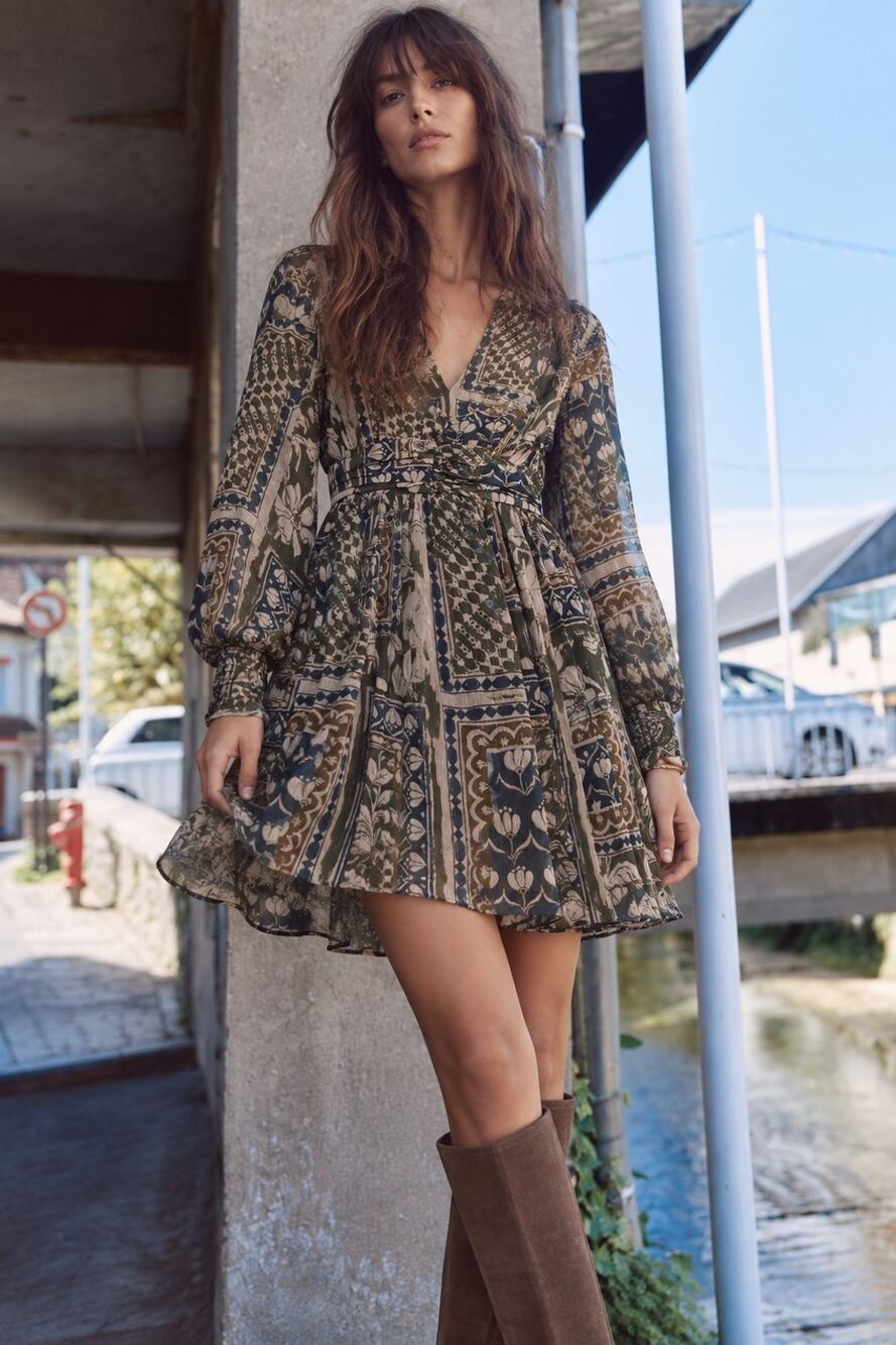 ZARA Women’s M Boho Floral Mini Dress Long Sleeve Metallic Gold Lurex Fit Flare